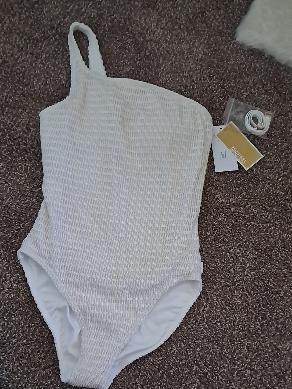 NWT Michael Kors White Textured One-Shoulder Swimsuit